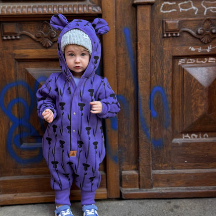 Baby Jumpsuit with Hood - Thistle on Purple