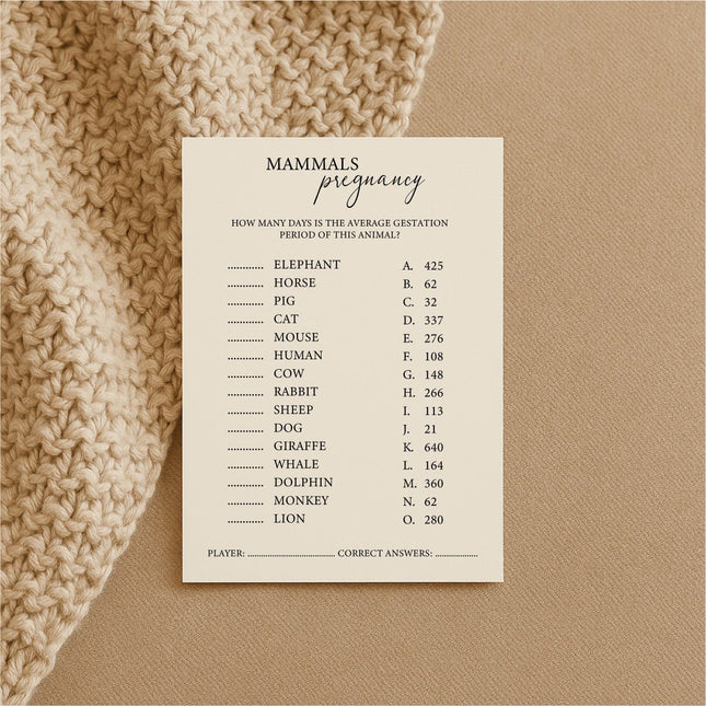 Baby Shower Game Cards - Mammals Trivia - LoveStyle World