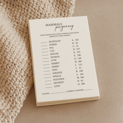 Baby Shower Game Cards - Mammals Trivia