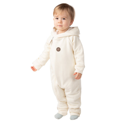 Bear-Ear Cotton-Lined Merino Wool Baby Overall – White