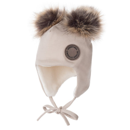Beige Merino Wool Baby Hat with Faux-Fur Pompoms