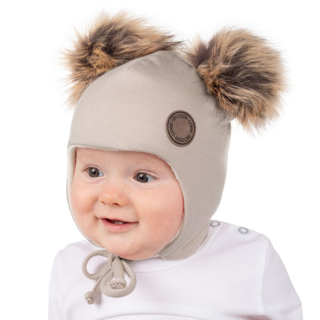 Beige Merino Wool Baby Hat with Faux-Fur Pompoms