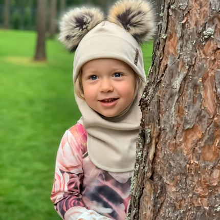 Beige Merino Wool Double Pom-Pom Balaclava