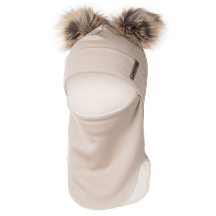 Beige Merino Wool Double Pom-Pom Balaclava