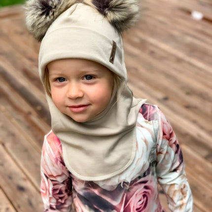Beige Merino Wool Double Pom-Pom Balaclava