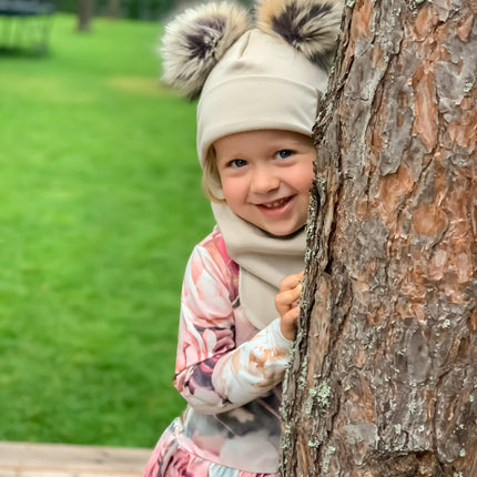 Beige Merino Wool Double Pom-Pom Balaclava
