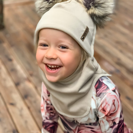Beige Merino Wool Double Pom-Pom Balaclava