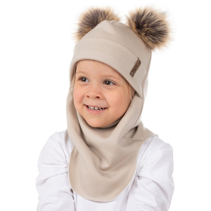 Beige Merino Wool Double Pom-Pom Balaclava