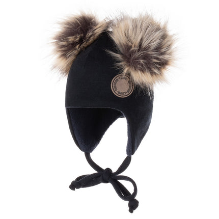Black Merino Wool Baby Hat with Faux-Fur Pompoms