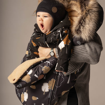 Black Merino Wool Baby Hat with Faux-Fur Pompoms