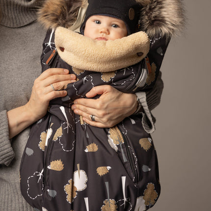 Black Merino Wool Baby Hat with Faux-Fur Pompoms