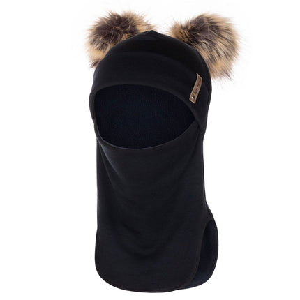 Black Merino Wool Double Pom-Pom Balaclava