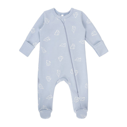Blue Cotton Baby Romper with Integrated Feet