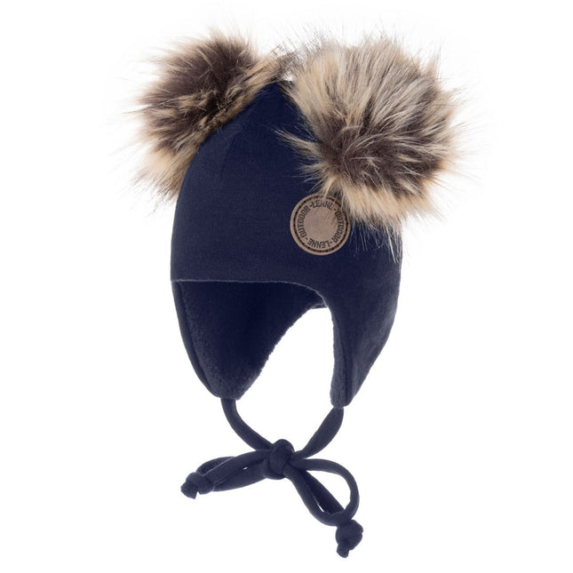 Blue Merino Wool Baby Hat with Faux-Fur Pompoms