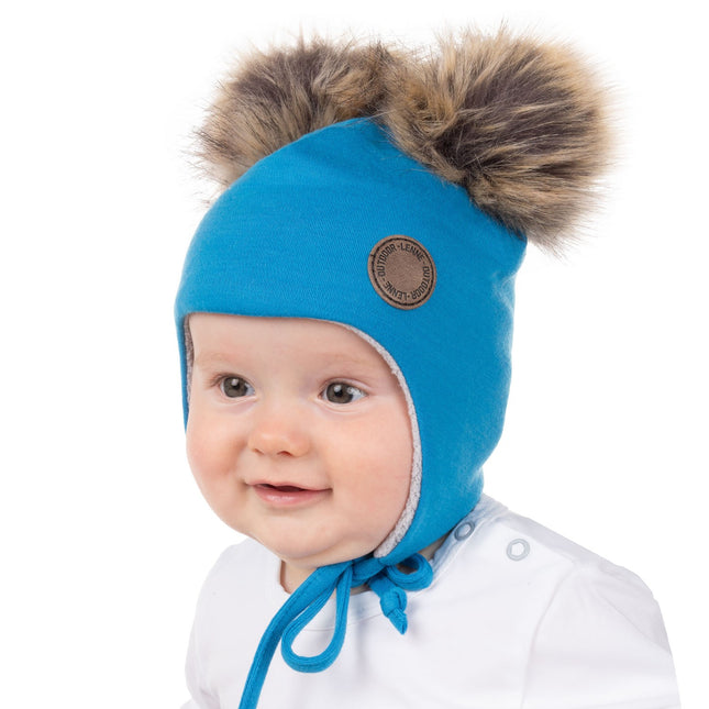 Bright Blue Merino Wool Baby Hat with Faux-Fur Pompoms