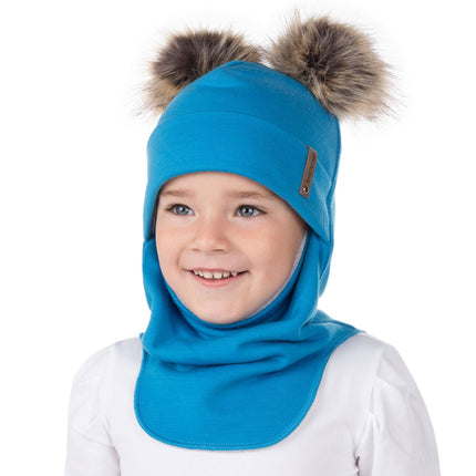 Bright Blue Merino Wool Double Pom-Pom Balaclava