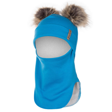 Bright Blue Merino Wool Double Pom-Pom Balaclava