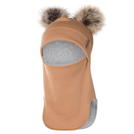 Brown Merino Wool Double Pom-Pom Balaclava