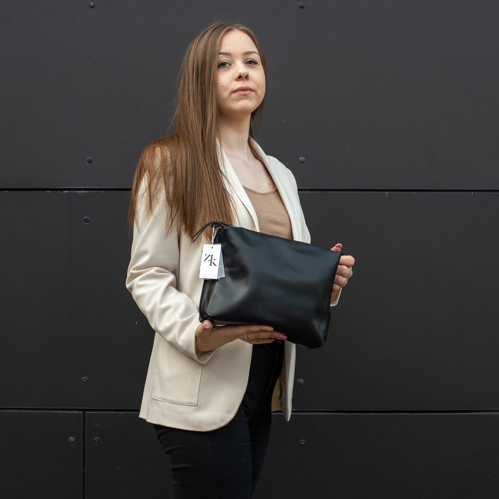 Leather Cosmetic Bag, Black - Large