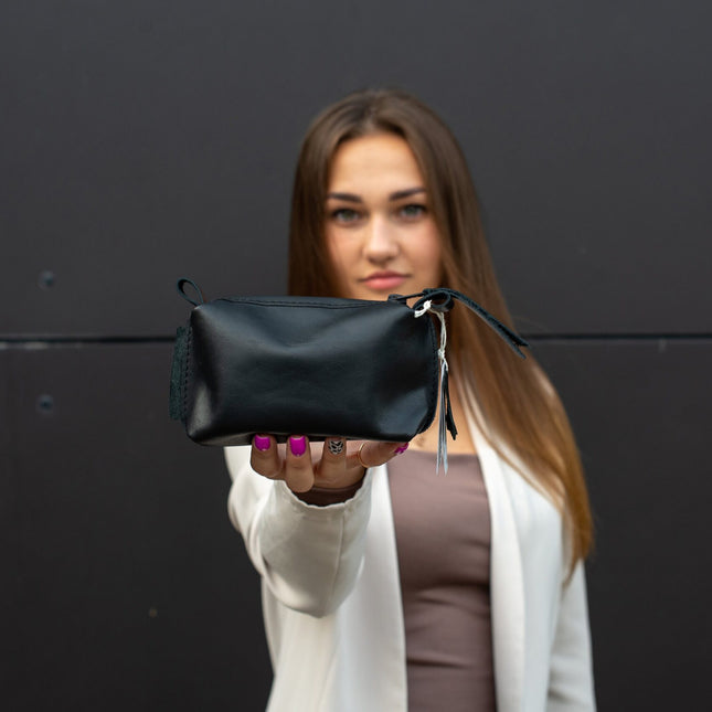 Leather Cosmetic Bag, Black - Small