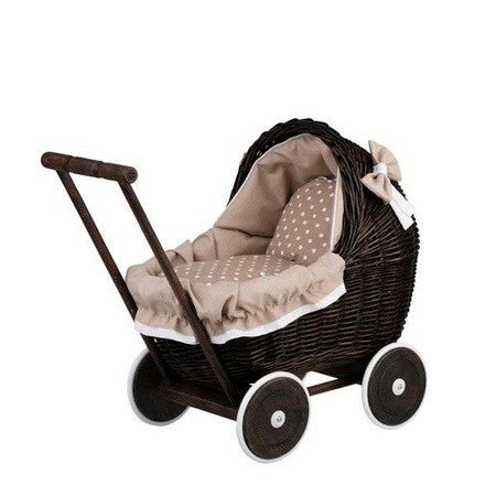 Dark Painted Wicker Doll Pram – Beige Bedding - LoveStyle World
