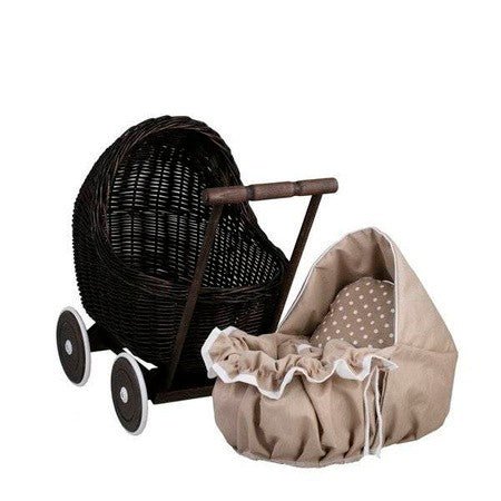 Dark Painted Wicker Doll Pram – Beige Bedding - LoveStyle World