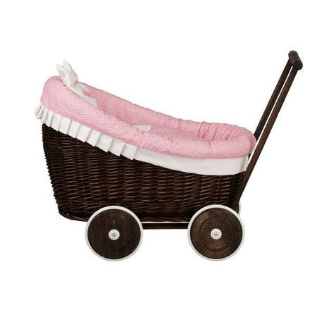 Dark Painted Wicker Doll Pram Luna – Pink Bedding