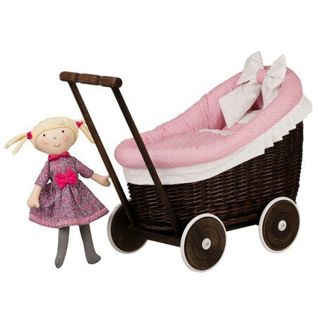 Dark Painted Wicker Doll Pram Luna – Pink Bedding