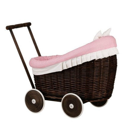 Dark Painted Wicker Doll Pram Luna – Pink Bedding