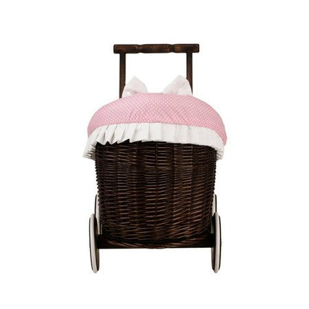 Dark Painted Wicker Doll Pram Luna – Pink Bedding