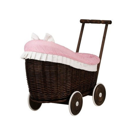 Dark Painted Wicker Doll Pram Luna – Pink Bedding