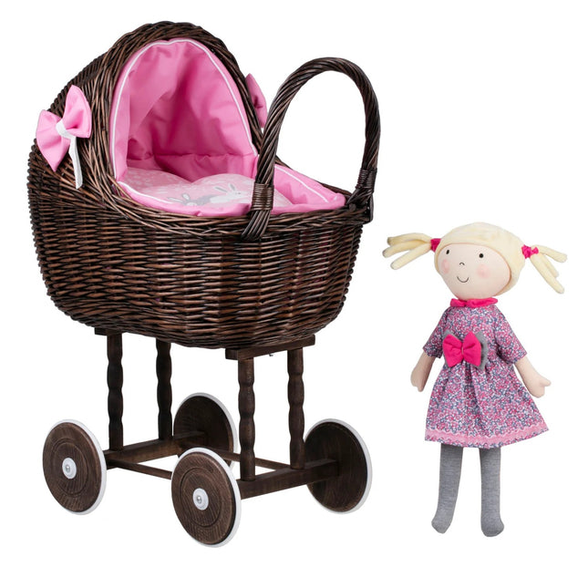 Dark Wicker Doll Stroller Lena – Pink Bedding - LoveStyle World