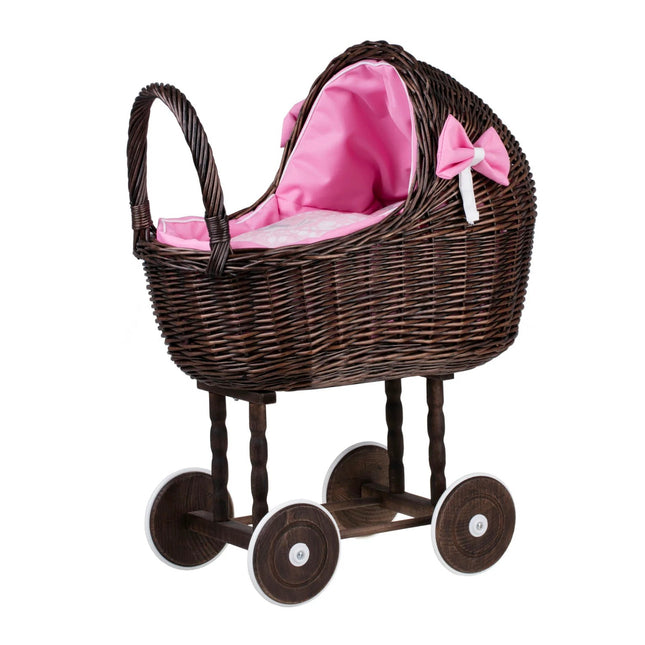Dark Wicker Doll Stroller Lena – Pink Bedding - LoveStyle World