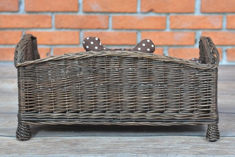 Dark Wicker Pet Bed Alfie With Cushion and Decorative Bone, 74×52 cm