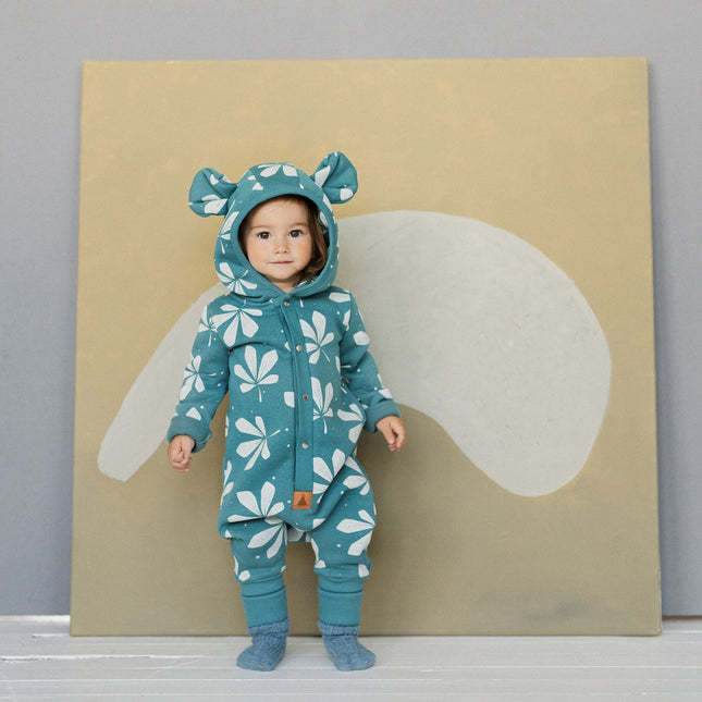 Eared Jumpsuit for Babies and Kids - Chestnut Leaves on Green - LoveStyle World
