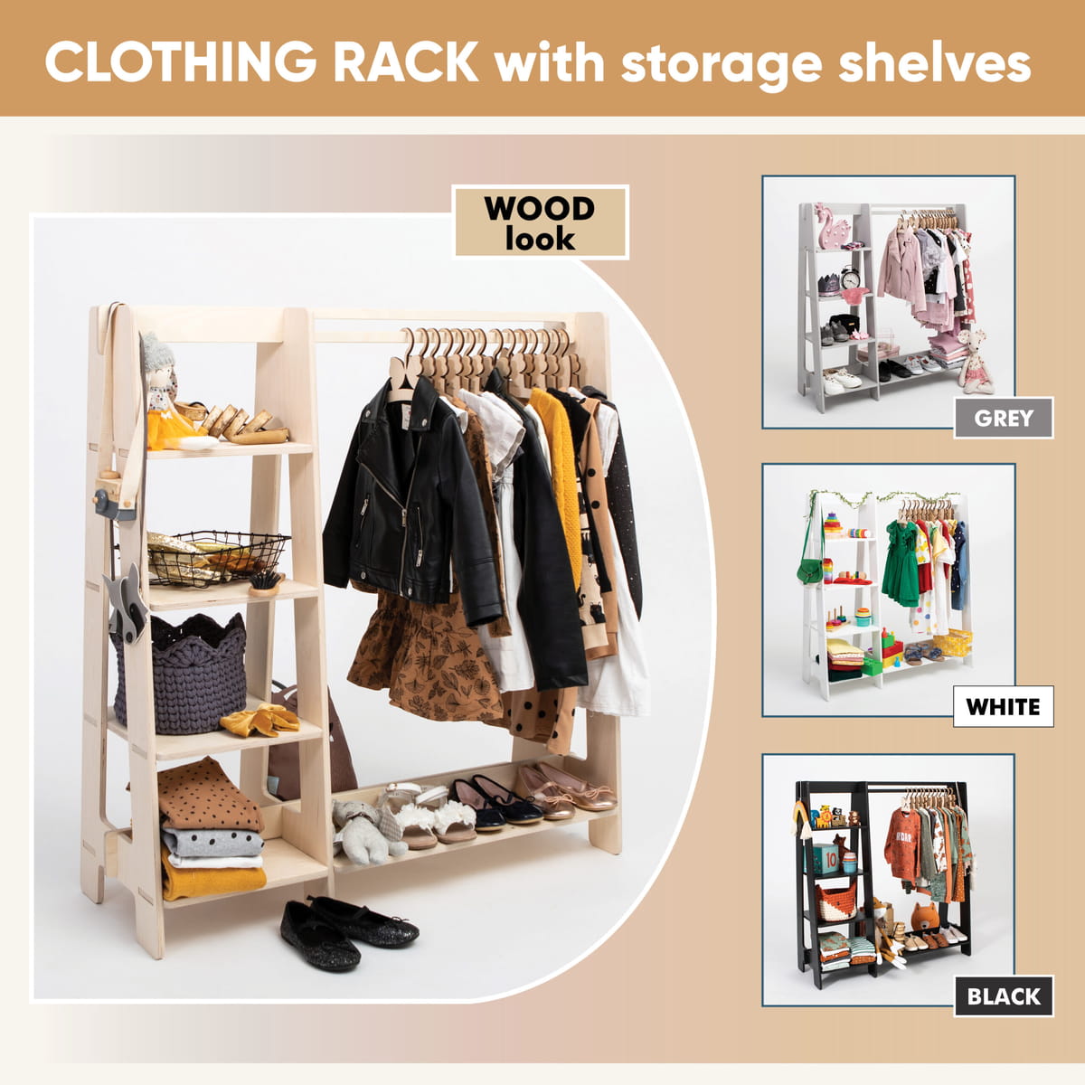 Montessori-Inspired Clothing Rack with Shelves for Toddlers