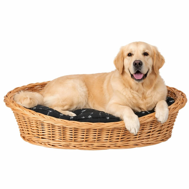 Enovia Natural Wicker Dog Bed With Black Cushion, 60x43 cm - LoveStyle World
