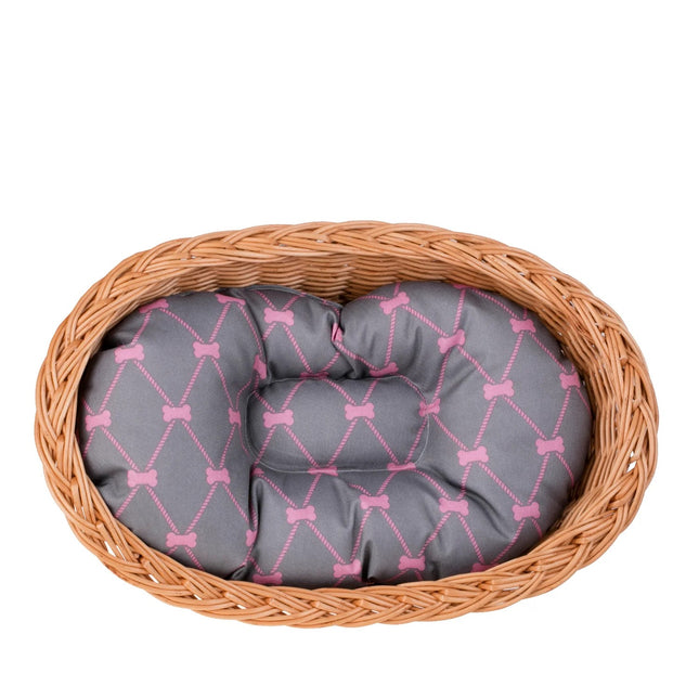 Enovia Natural Wicker Dog Bed With Grey And Pink Cushion, 65x46 cm