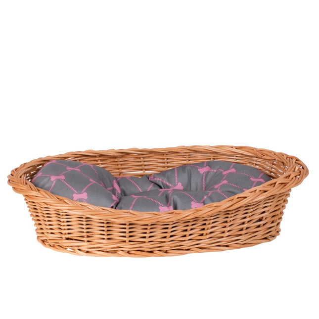Enovia Natural Wicker Dog Bed With Grey And Pink Cushion, 65x46 cm