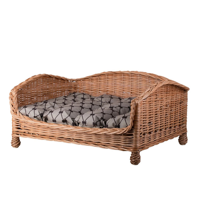 Erivia Wicker Pet Basket With Gray And Black Cushion, 64x42 cm