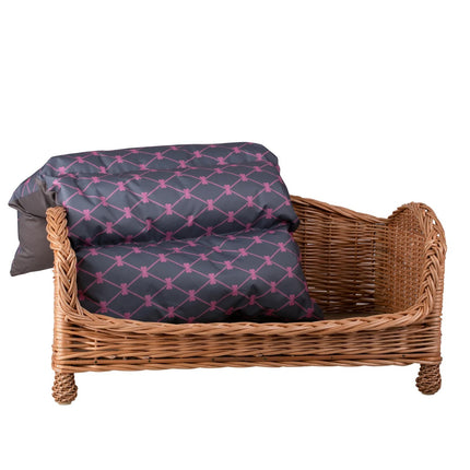 Erivia Wicker Pet Basket With Gray And Pink Cushion, 64x42 cm