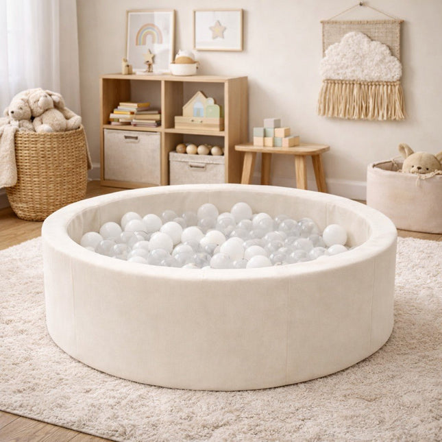 Foam Round Ball Pit 90x30cm - Beige, 200 White Balls - LoveStyle World