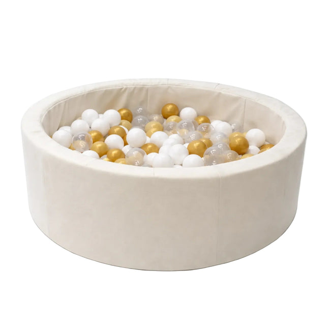 Foam Round Ball Pit 90x30cm - Beige, 200 Gold And White Balls - LoveStyle World