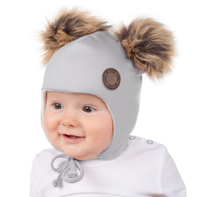 Grey Merino Wool Baby Hat with Faux-Fur Pompoms