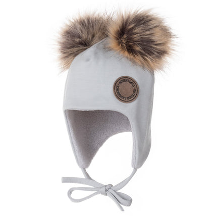 Grey Merino Wool Baby Hat with Faux-Fur Pompoms