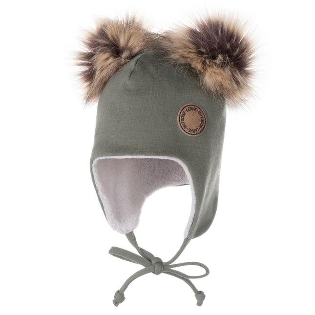 Khaki and Green Merino Wool Baby Hat with Faux-Fur Pompoms