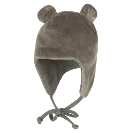 Khaki Green Cotton Velvet Baby Hat with Merino Wool Lining