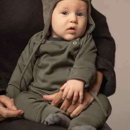 Khaki Green Cotton Velvet Baby Hat with Merino Wool Lining