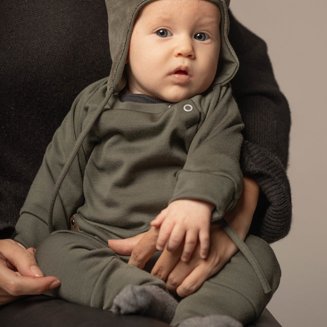 Khaki Green Cotton Velvet Baby Hat with Merino Wool Lining