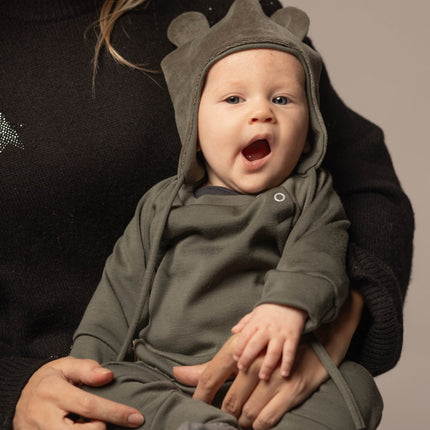Khaki Green Cotton Velvet Baby Hat with Merino Wool Lining